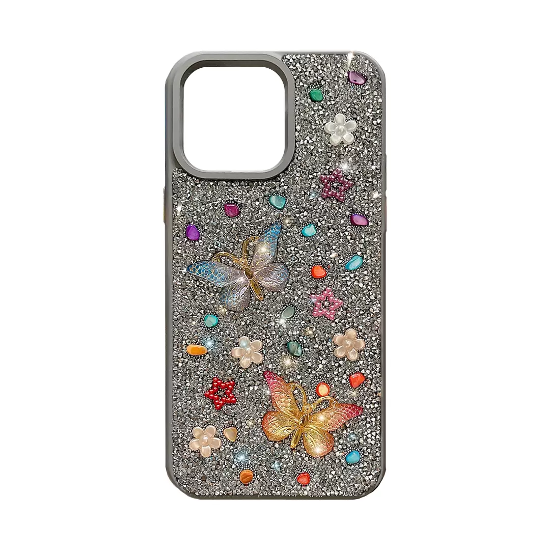 iPhone 15 Pro Max/iPhone 14 Pro Max Butterfly and Diamond Bling Case Light Gray